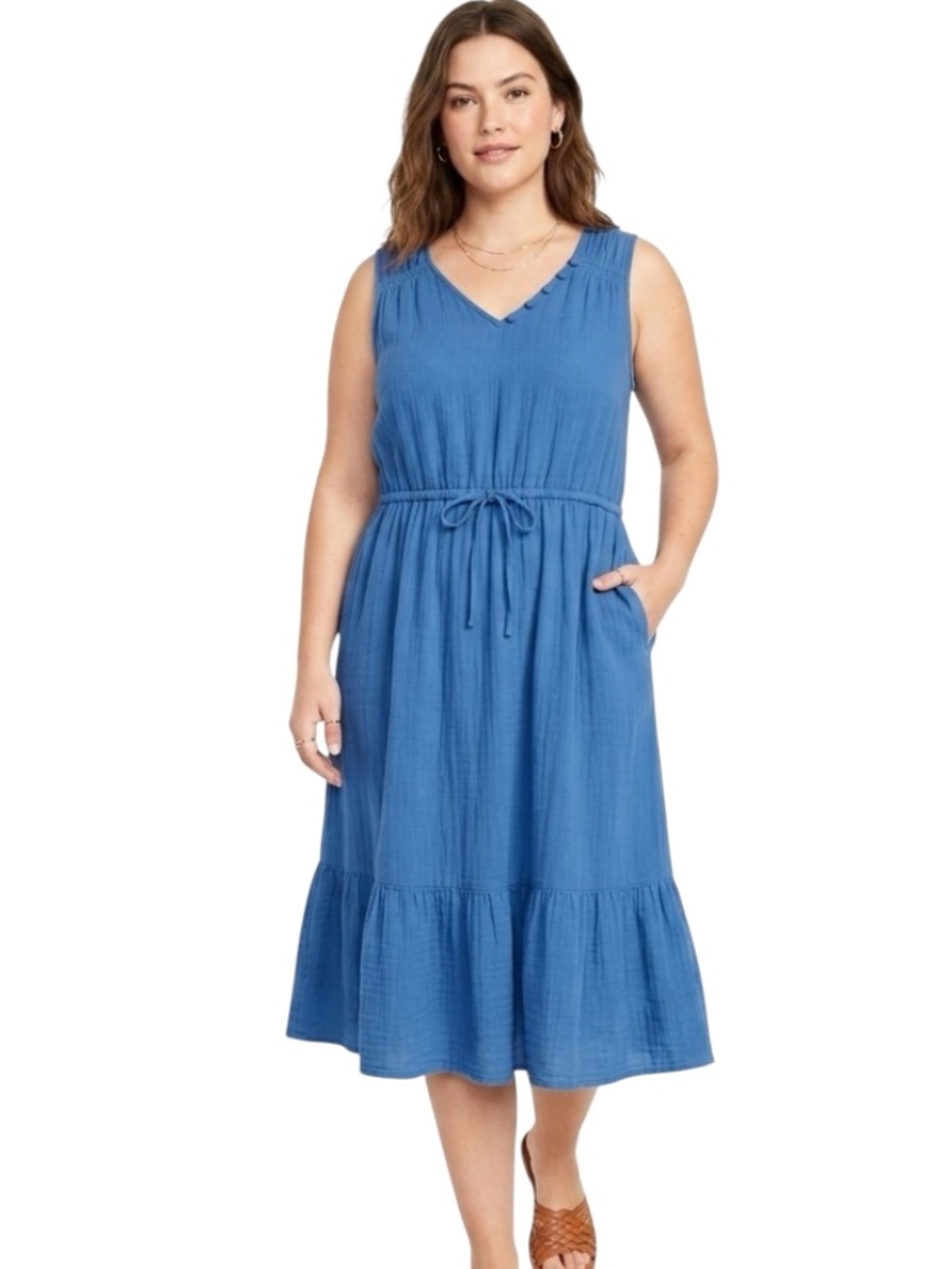 Double Gauze Midi Dress XL Blue Sleeveless Pockets Boho Cottagecore Lagenlook
